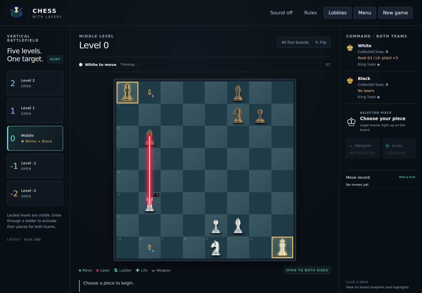 An armed white rook firing a red laser across the chessboard